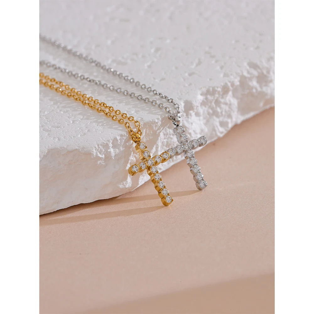 Dainty Cross Necklace with Crystals for Women