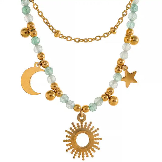 Good Omen -  Sun and Moon Layered Necklace with Faceted Aventurine