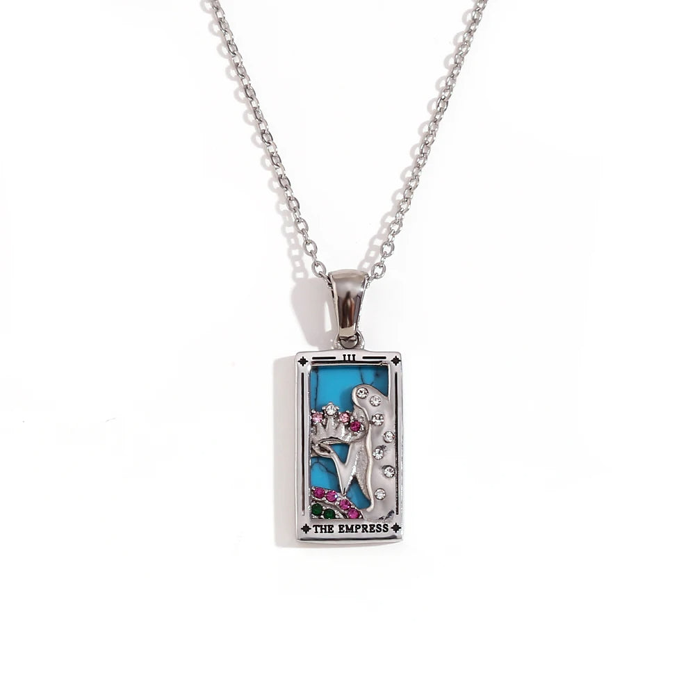 The Empress - Silver Tarot Card Dainty Necklace with Blue Enamel