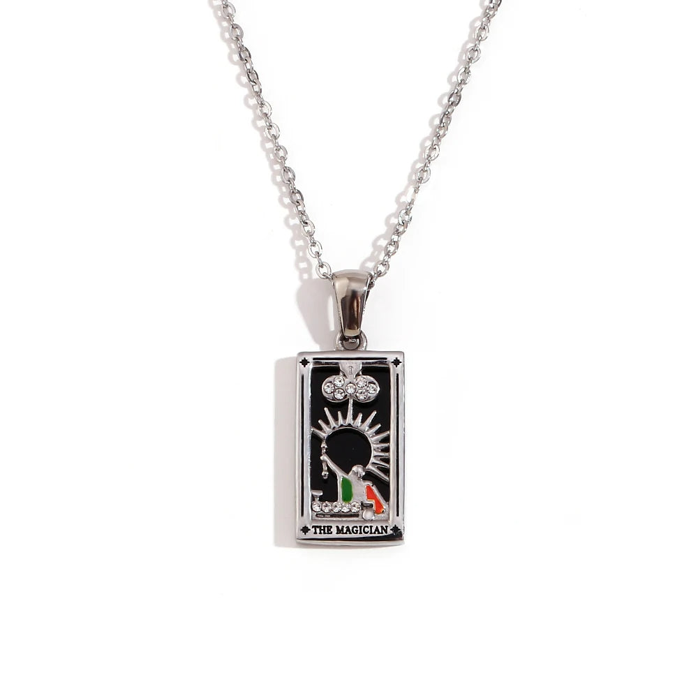 The Magician - Silver Tarot card Dainty Necklace with Black Enamel