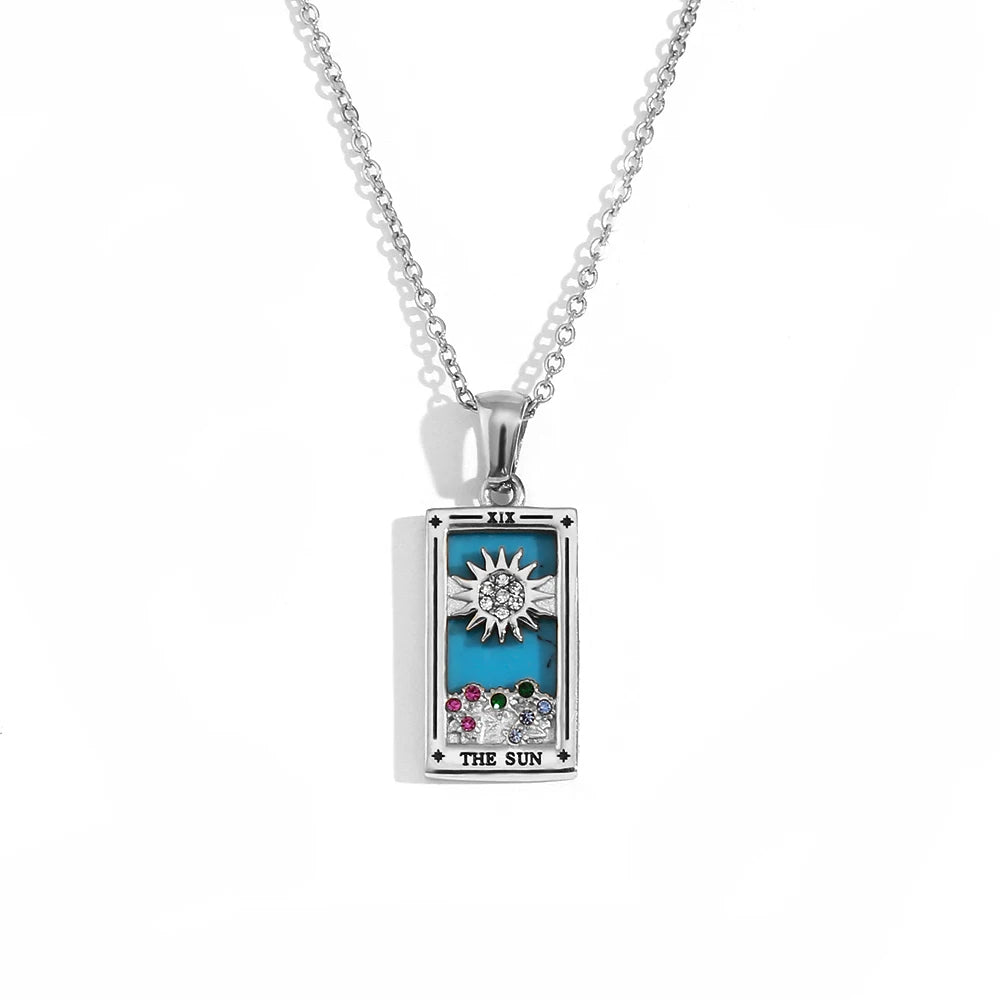 The Sun - Silver Tarot card Dainty Necklace with Blue Enamel