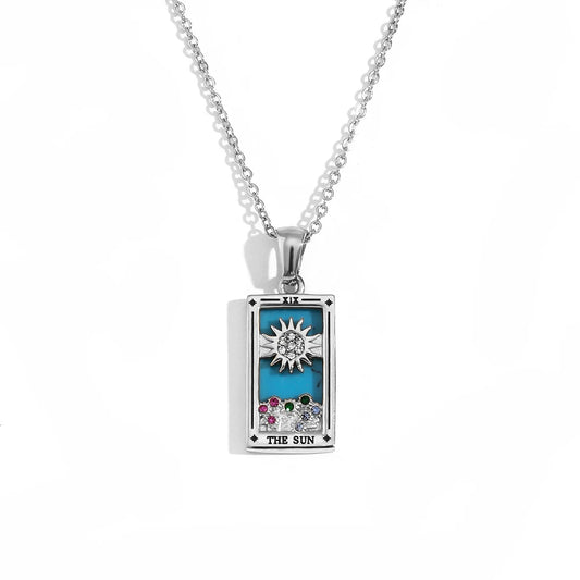 The Sun - Silver Tarot card Dainty Necklace with Blue Enamel