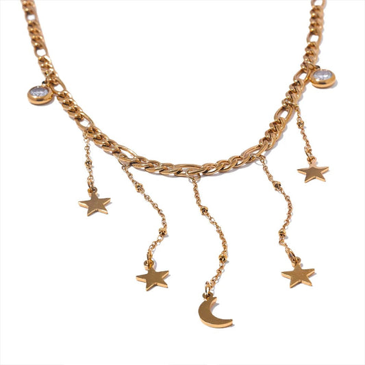 Trickling Down - Gold Moon and Stars Necklace