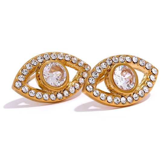 Protective Sparkle: Gold Evil Eye Stud Earrings with Crystals