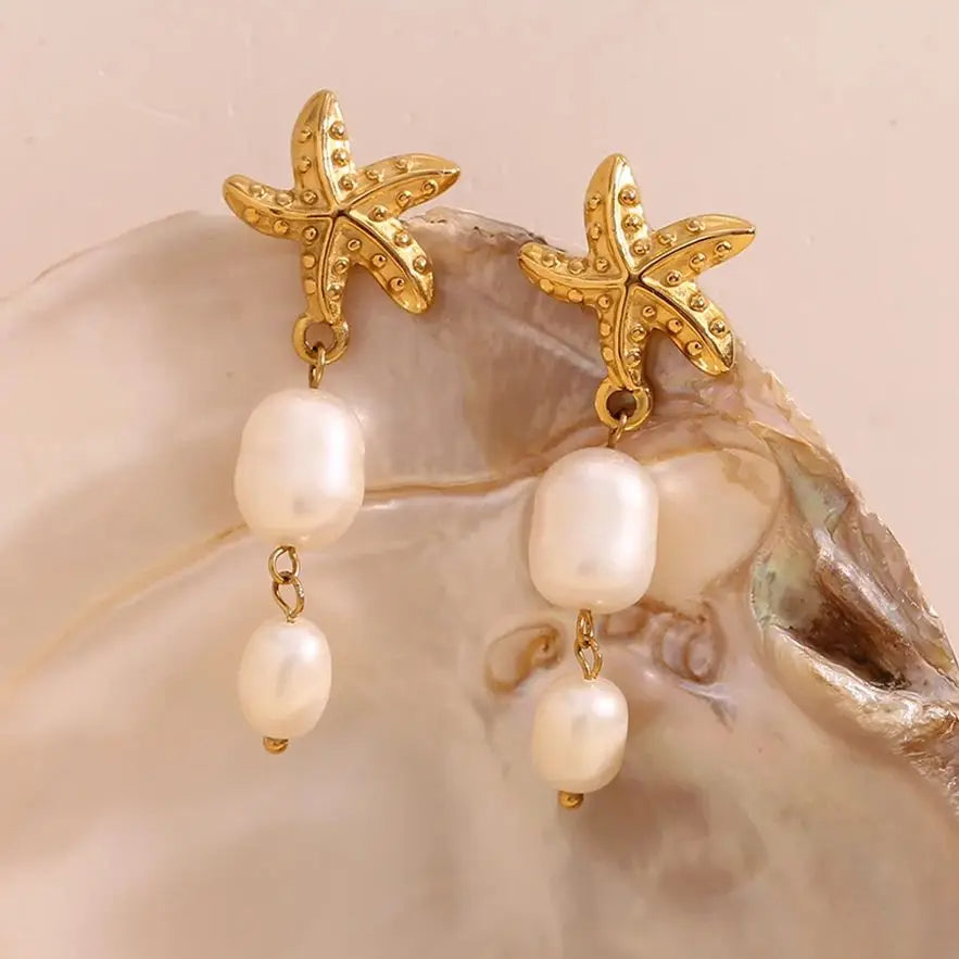 Ocean Treasures - Starfish and Pearls Dangle Gold Earrings