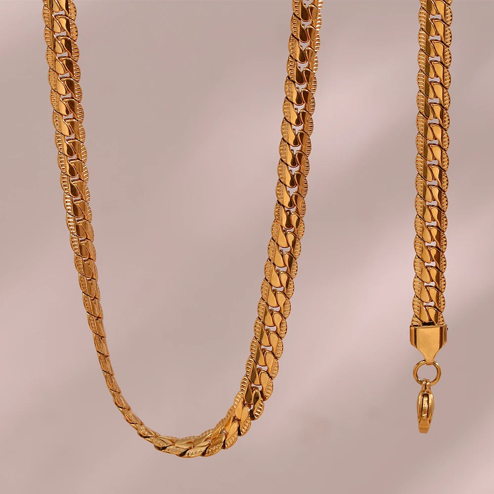 Golden Luxe Duo: Flat Cuban Chain Necklace and Bracelet Set