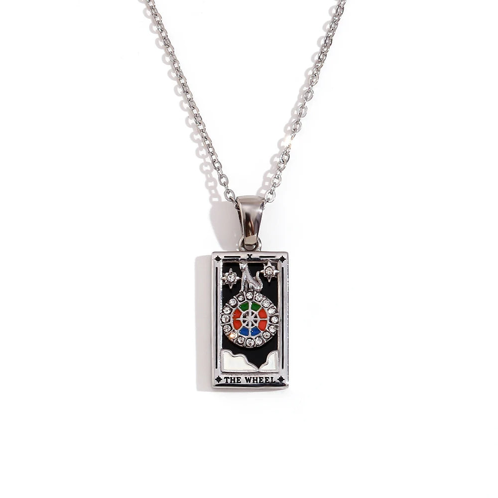 The Wheel - Silver Tarot card Dainty Necklace with Black Enamel