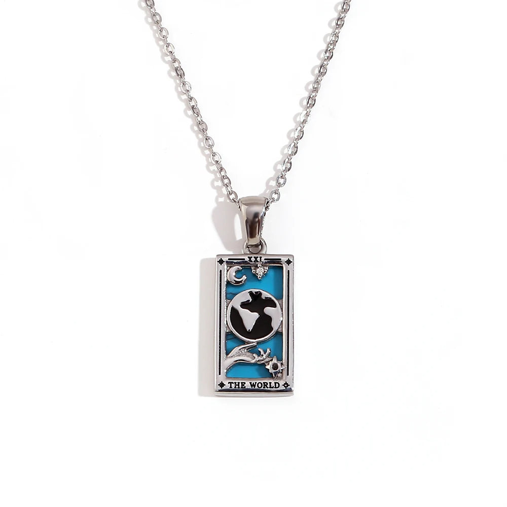 The World - Silver Tarot Card Dainty Necklace with Blue Enamel