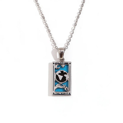 The World - Silver Tarot Card Dainty Necklace with Blue Enamel