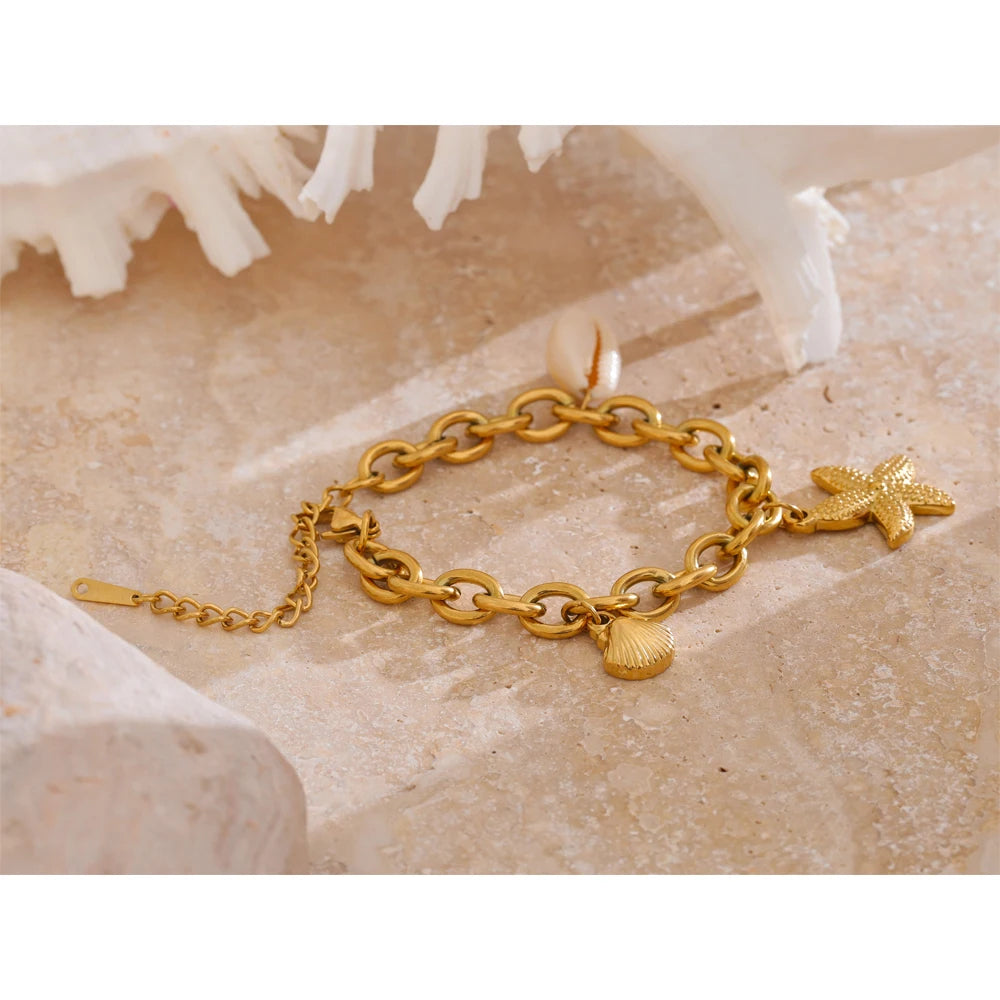 Ocean Treasures - Starfish and Shell Conch Gold Women Bracelet