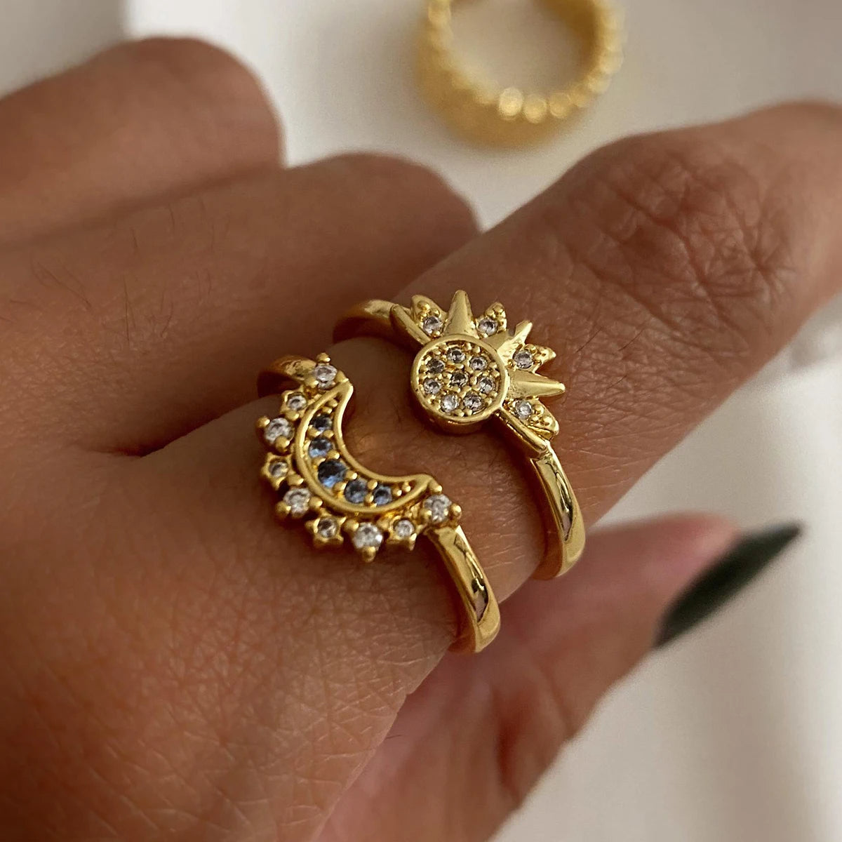 Sun and Moon Gold 2 Ring Set with Crystals