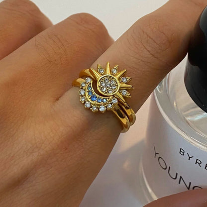 Sun and Moon Gold 2 Ring Set with Crystals