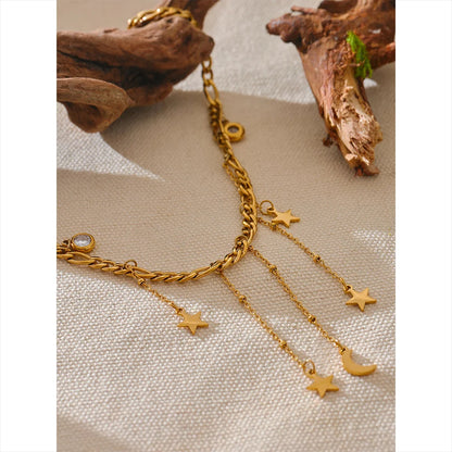 Trickling Down - Gold Moon and Stars Necklace