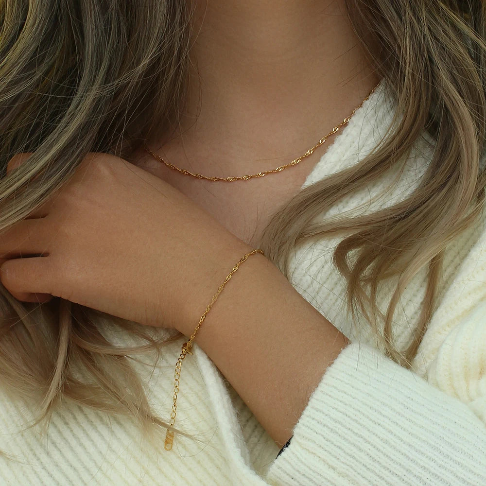 Twisted Gold Necklace and Bracelet Dainty Set