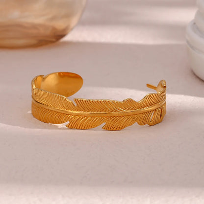 Feather Cuff Gold Bangle Bracelet