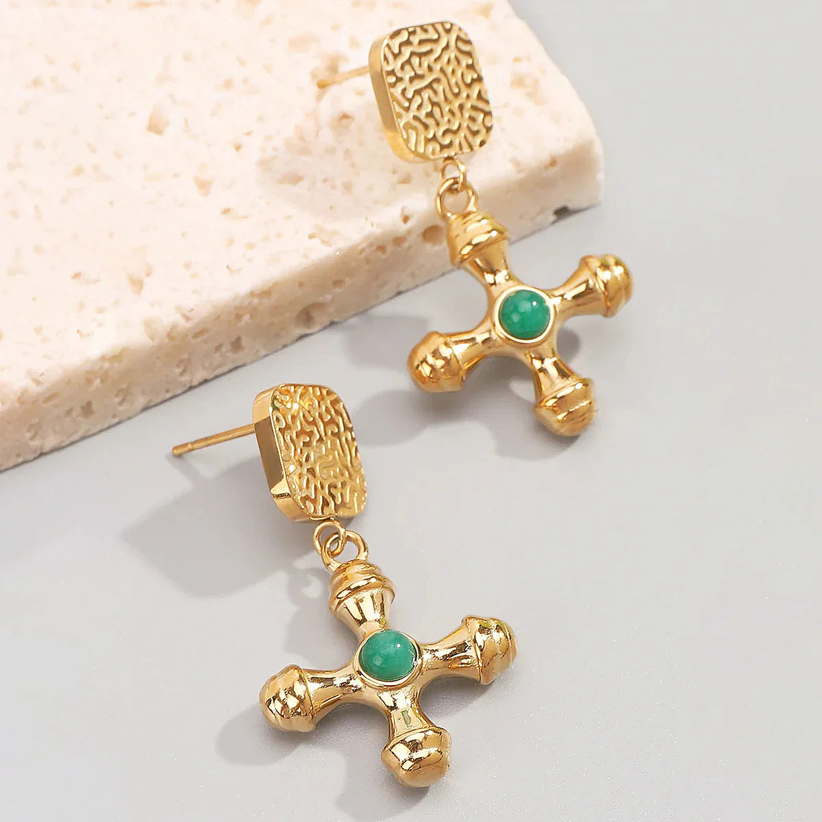 Faith's Embrace - Green Agate Cross Drop Earrings