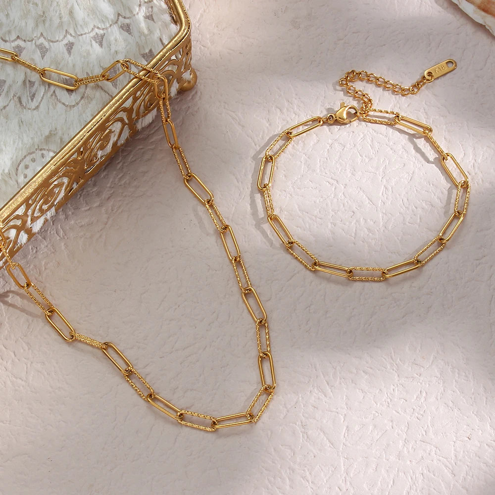 Paper Clip 18K Gold Chain Bracelet and Necklace Set