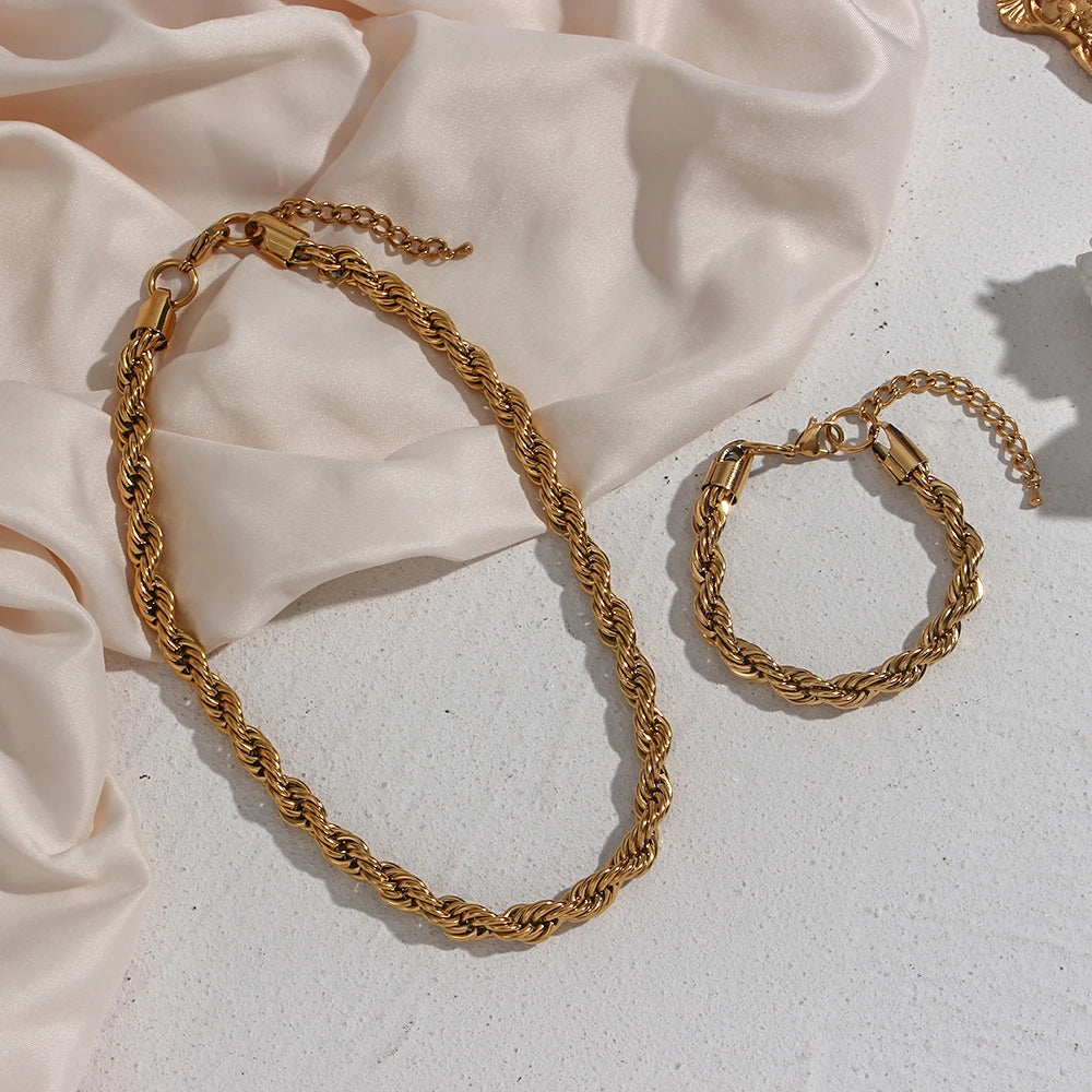 Chunky Gold Twisted Necklace and Bracelet Set