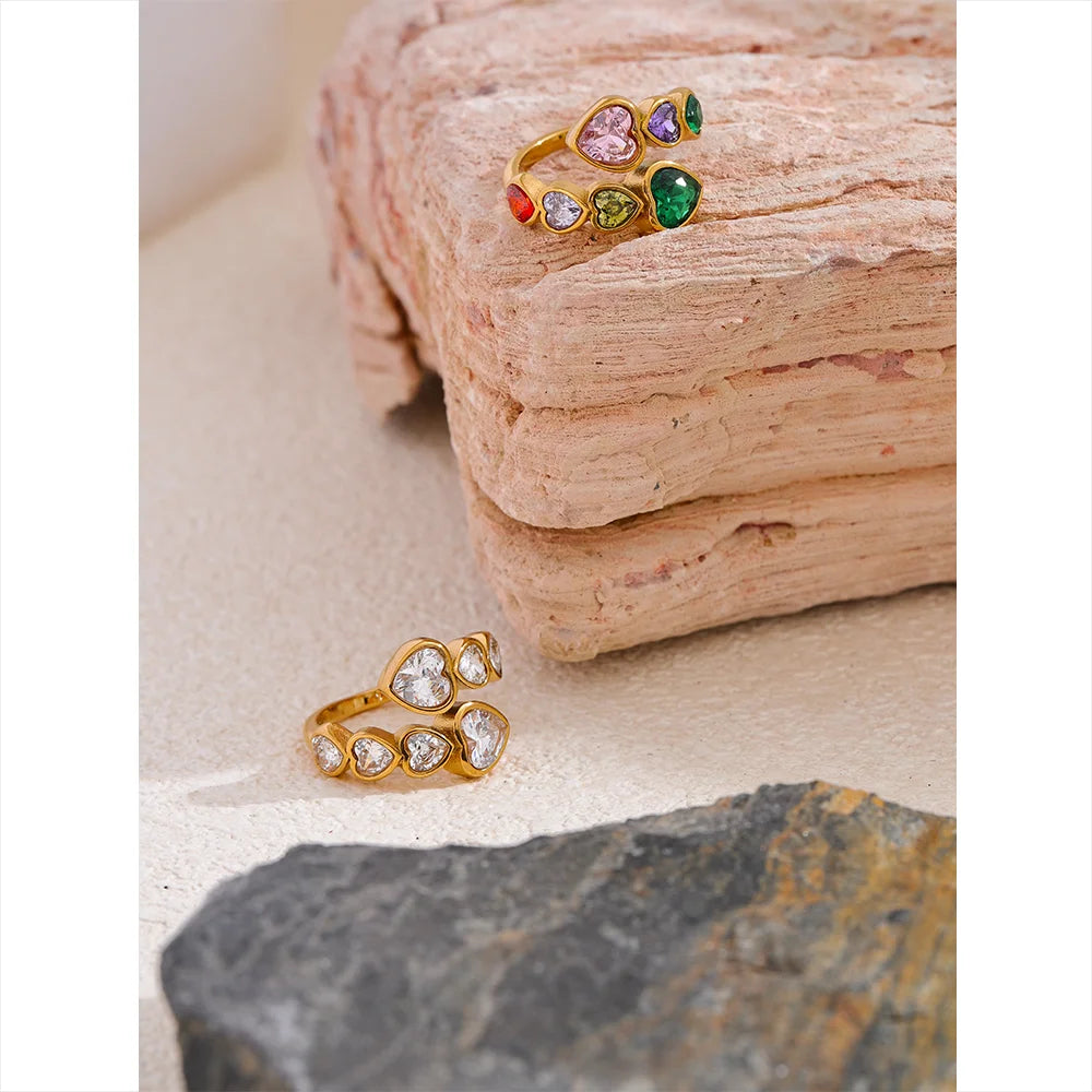 Gold Hearts Ring with Sparkling Colorful Crystals