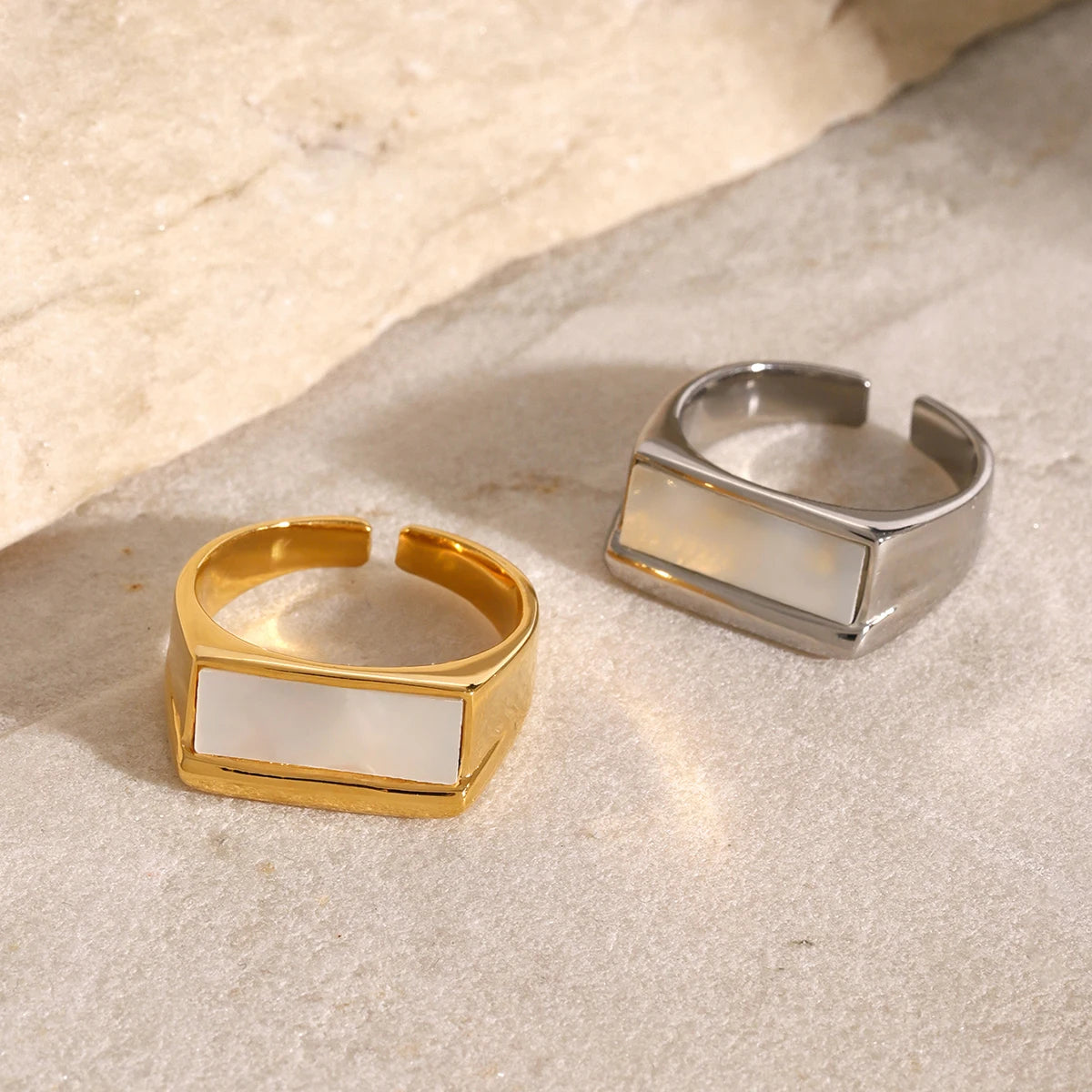 Rectangular Open Ring with Mother of Pearl Gold/Silver