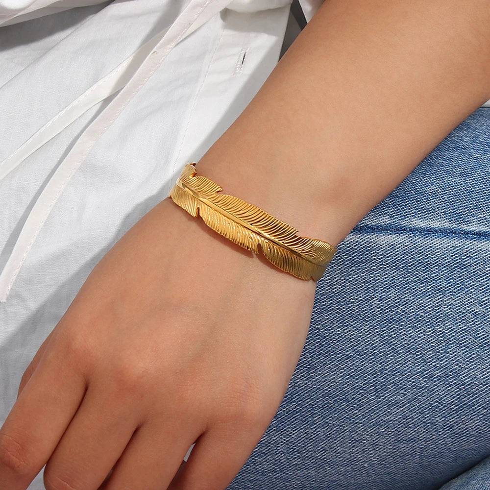 Feather Cuff Gold Bangle Bracelet