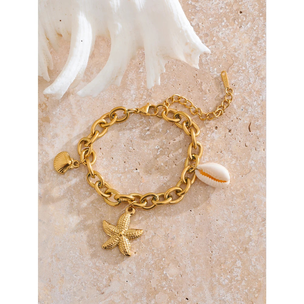 Ocean Treasures - Starfish and Shell Conch Gold Women Bracelet