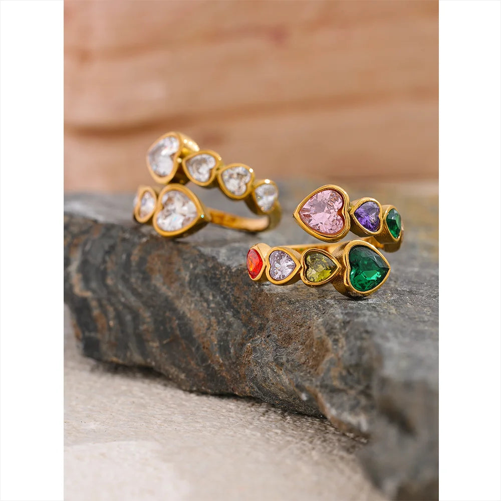 Gold Hearts Ring with Sparkling Colorful Crystals