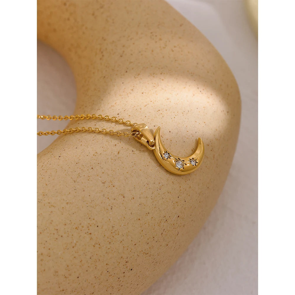 Crescent Moon Gold Crystal Dainty Necklace