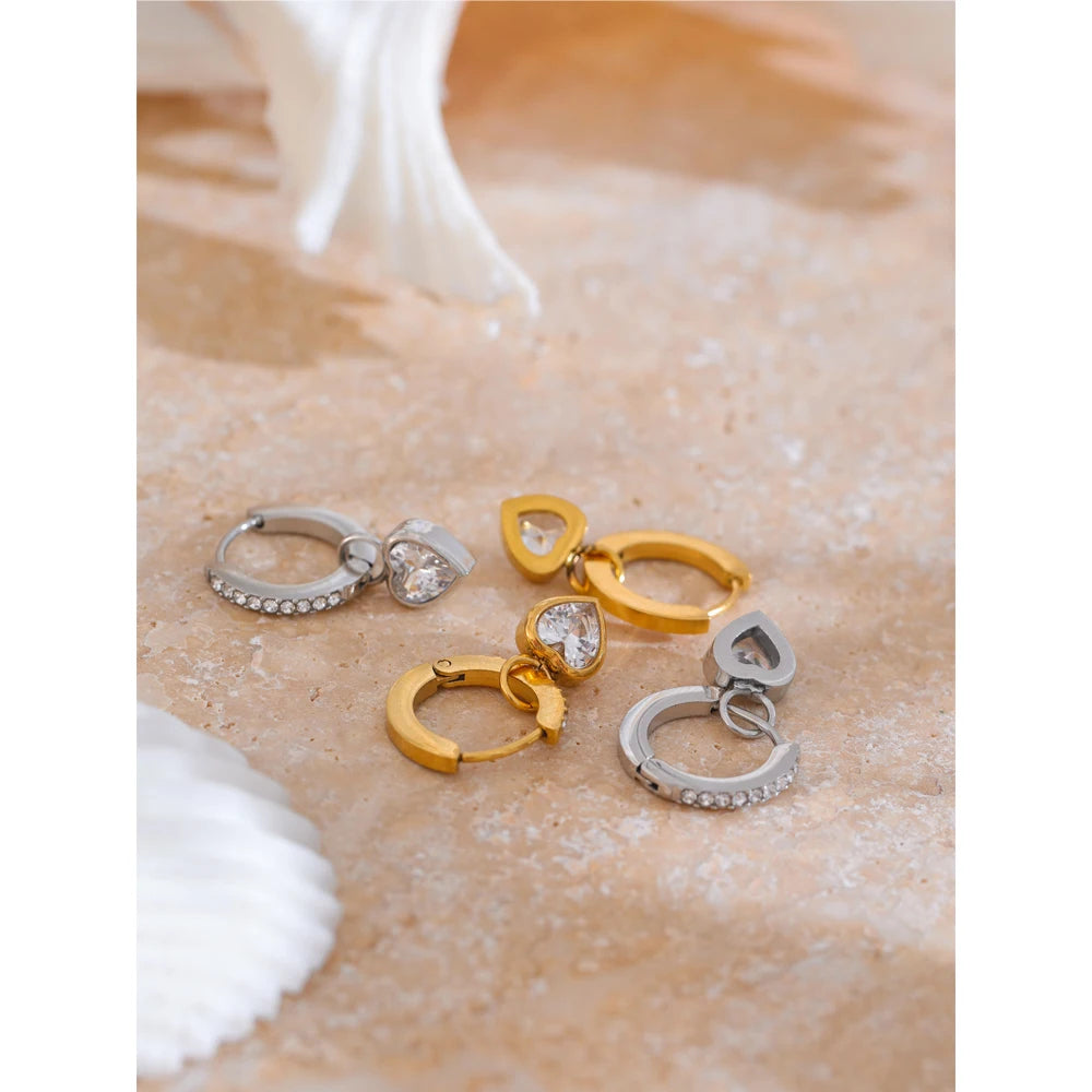 Dainty Heart Hoop Earrings with Crystals Gold/ Silver