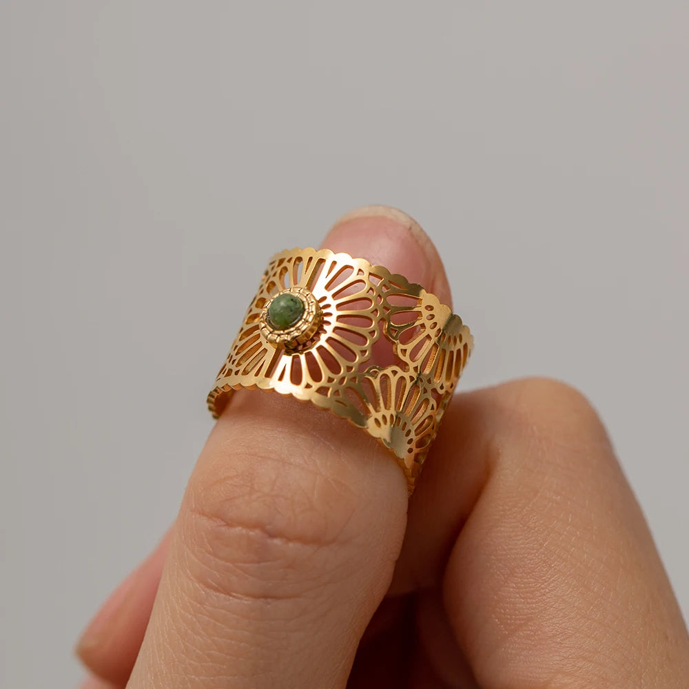 Serenity - Mandala Adjustable Gold Ring with Jasper