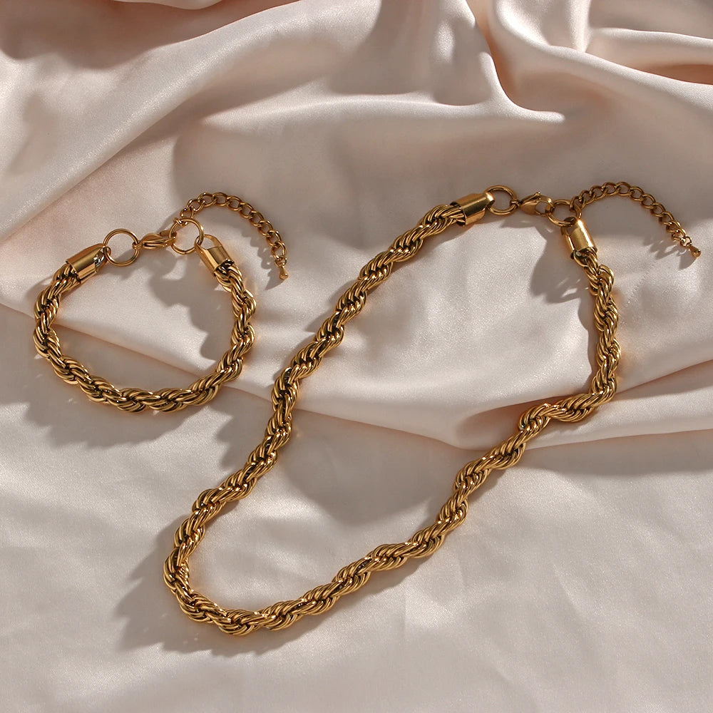 Chunky Gold Twisted Necklace and Bracelet Set