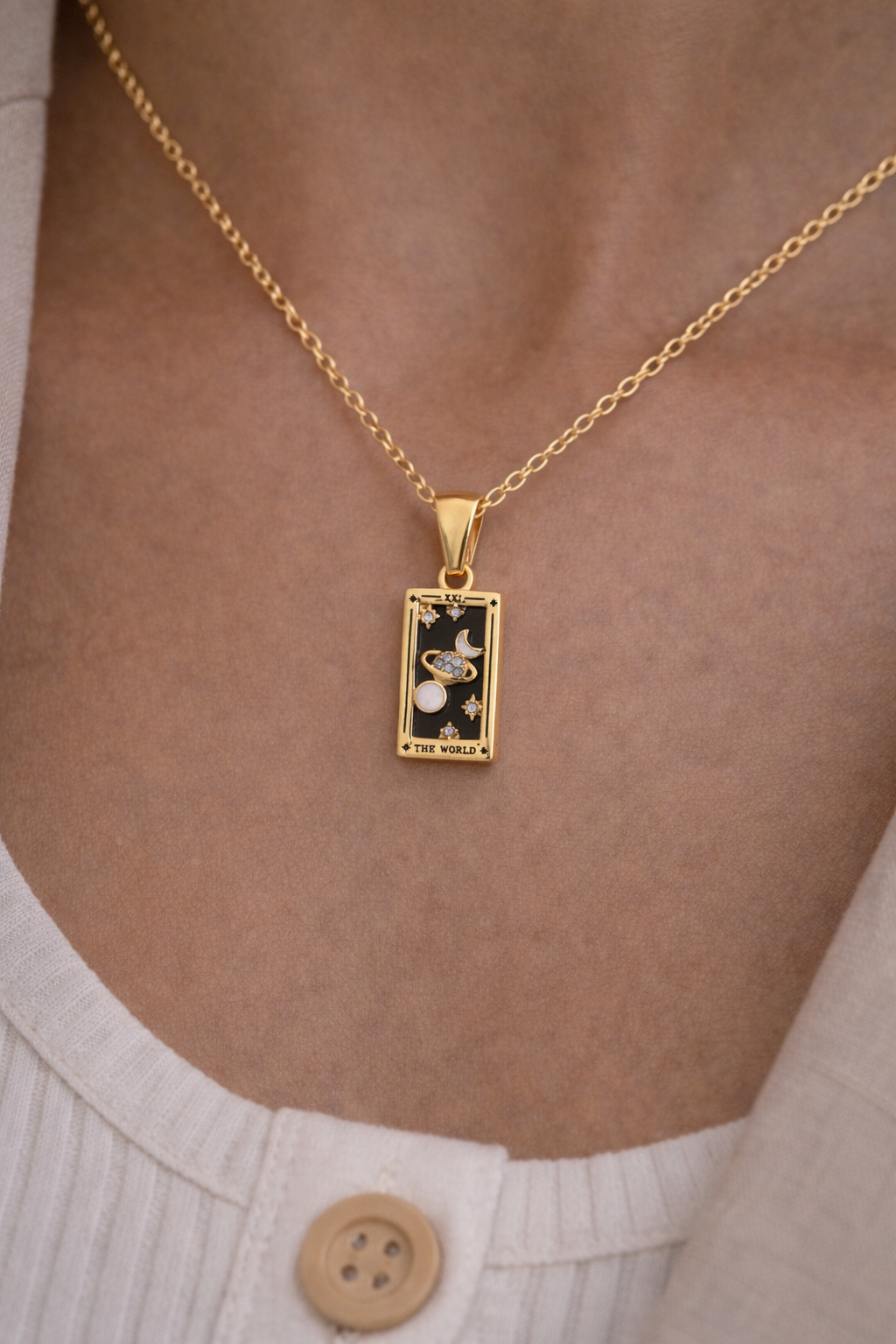 The World - Tarot card Dainty 18k Necklace with Black Enamel