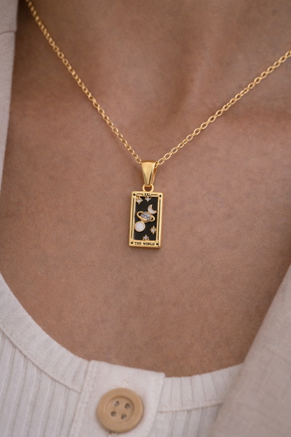 The World - Tarot card Dainty 18k Necklace with Black Enamel