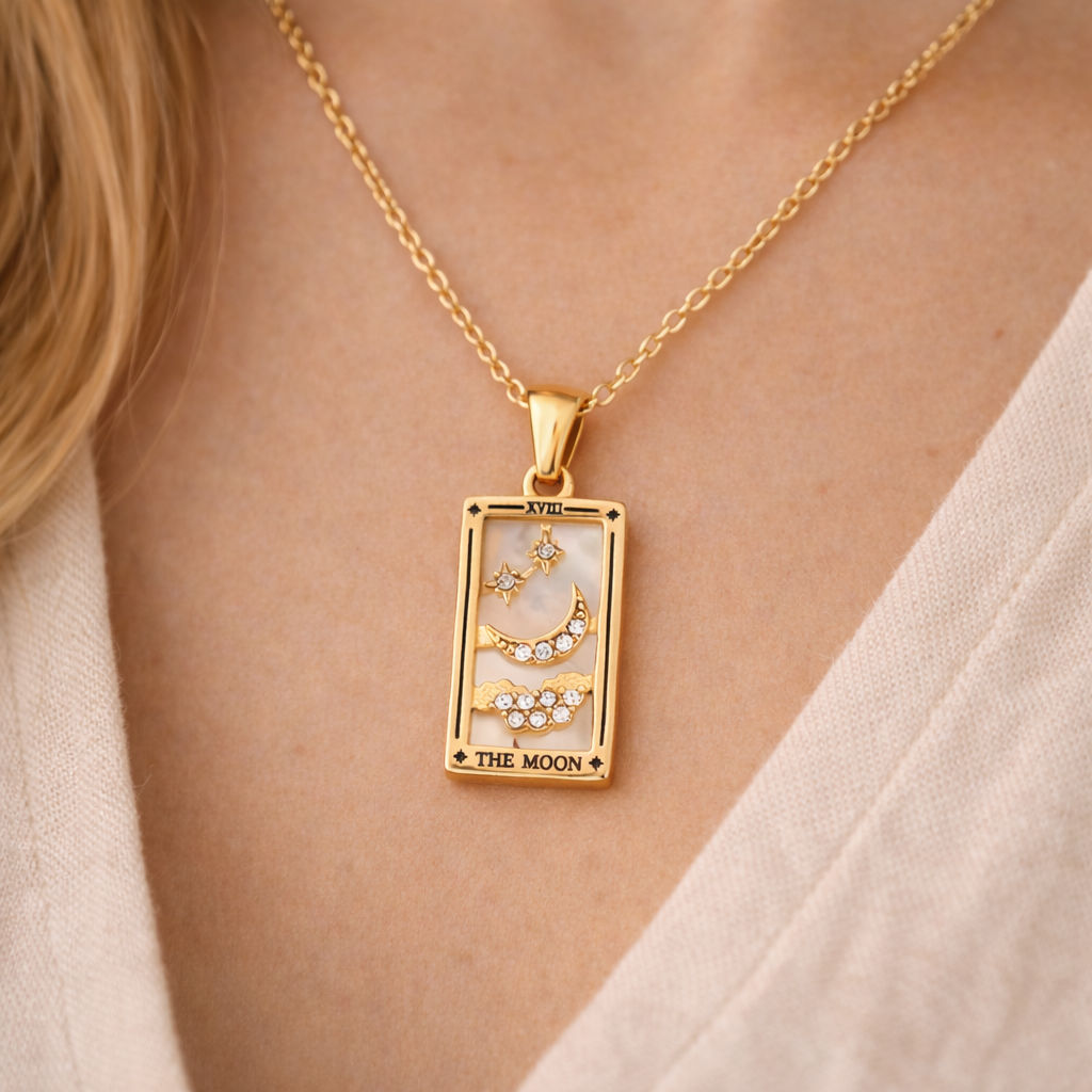 The Moon - Tarot card Dainty 18k Necklace with Silver Enamel