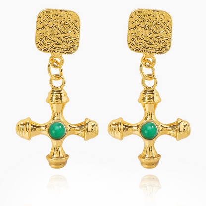 Faith's Embrace - Green Agate Cross Drop Earrings