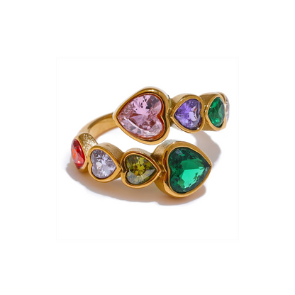 Gold Hearts Ring with Sparkling Colorful Crystals