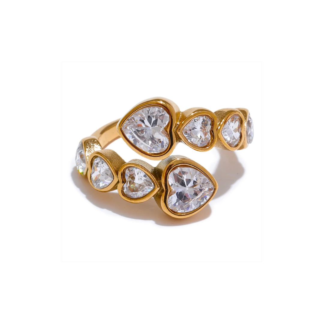 Gold Hearts Ring with Sparkling White Crystals