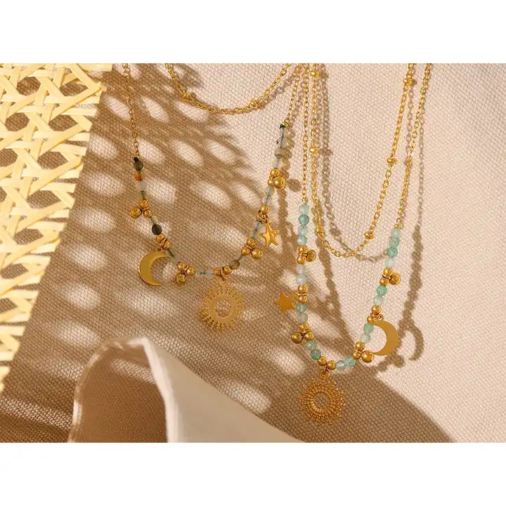 Good Omen -  Sun and Moon Layered Necklace with Faceted Aventurine