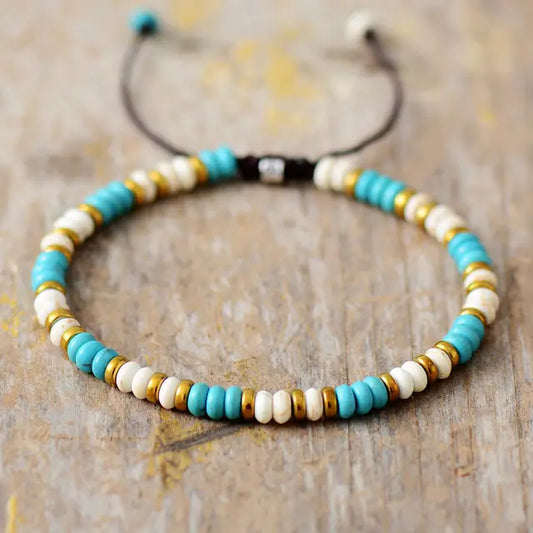 Balance & Prosperity - Turquoise and White Jade Dainty Adjustable Bracelet