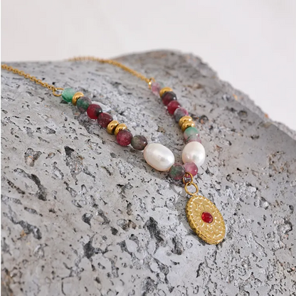 Inner Peace - Tourmaline Natural Stone and Pearl Necklace