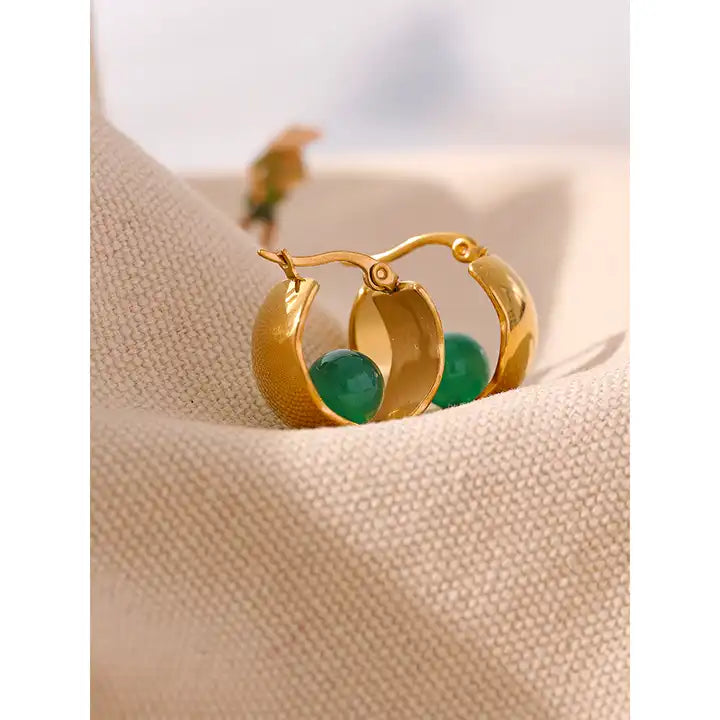 Mind Power - 18k Round Hoop Earrings with Green Agate