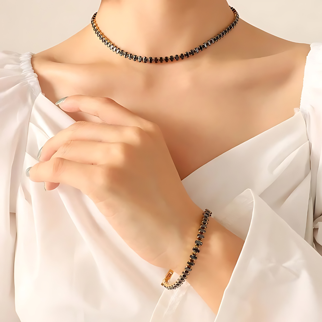 Nova Glow - Black Crystal Tennis Choker Necklace for Women