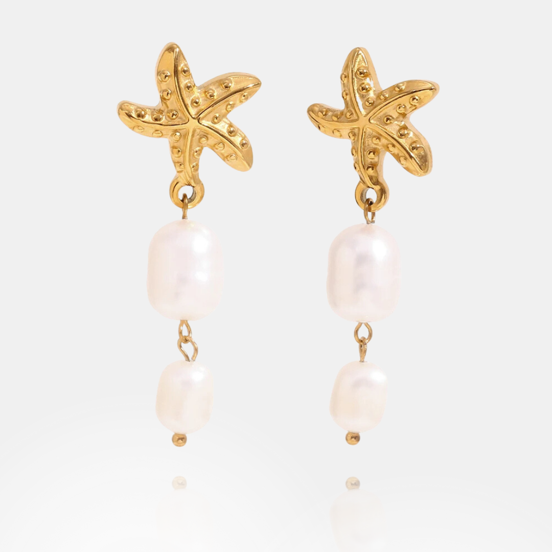 Ocean Treasures - Starfish and Pearls Dangle Gold Earrings