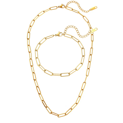 Paper Clip 18K Gold Chain Bracelet and Necklace Set