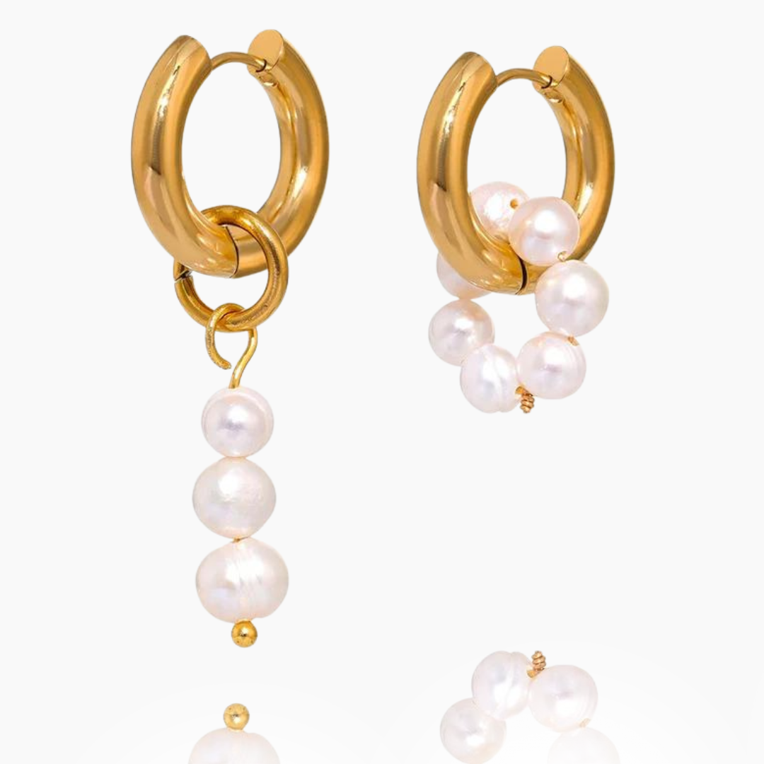 Pearl Cascade: Asymmetric Hoop Dangle Gold Earrings