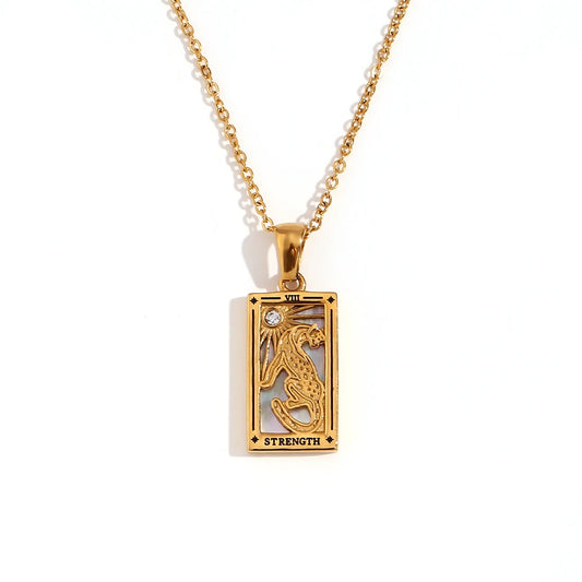 Strength - Tarot card Dainty 18k Necklace with Silver Enamel