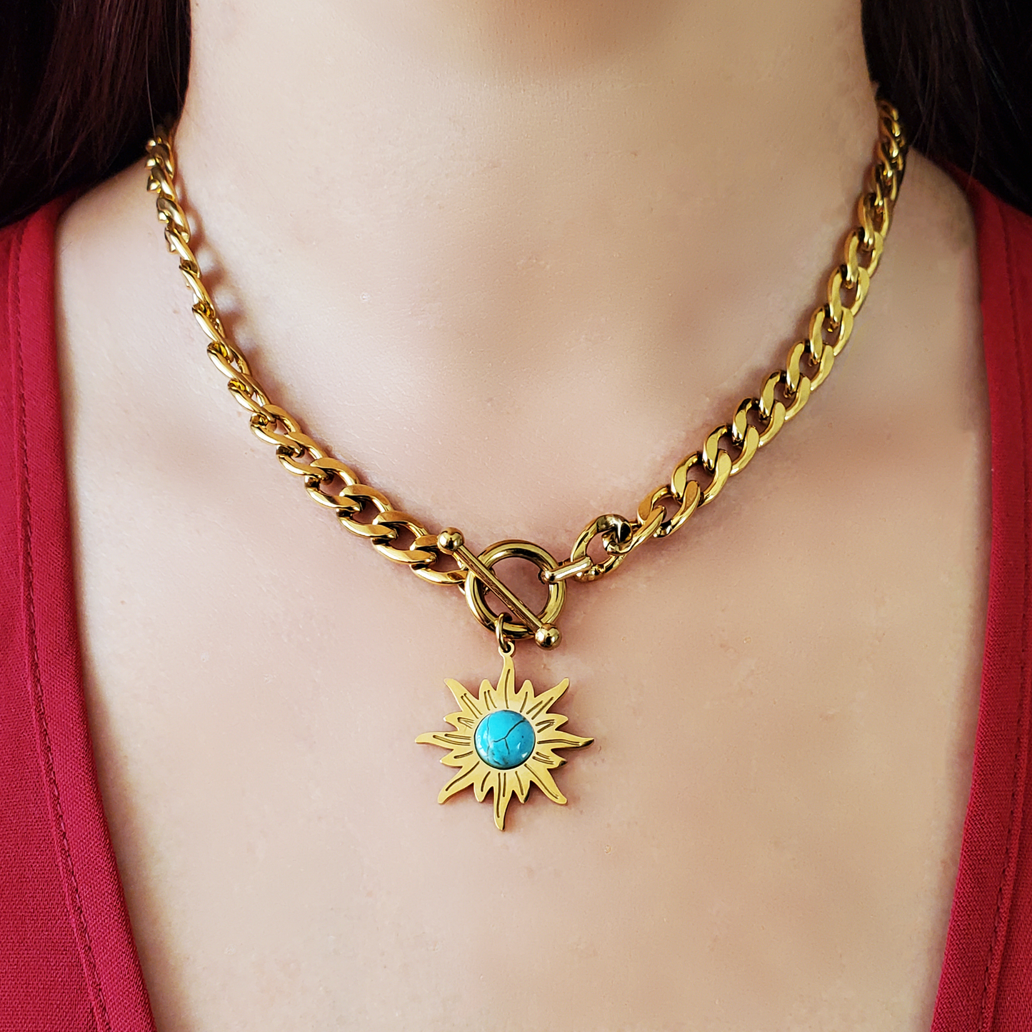 Serene Courage - 18k Sun Necklace with Turquoise