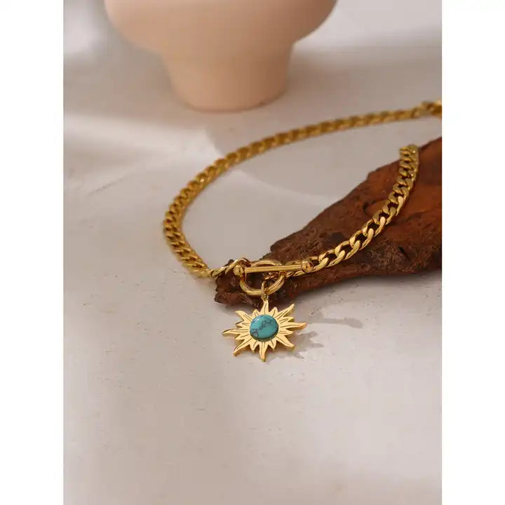 Serene Courage - 18k Sun Necklace with Turquoise