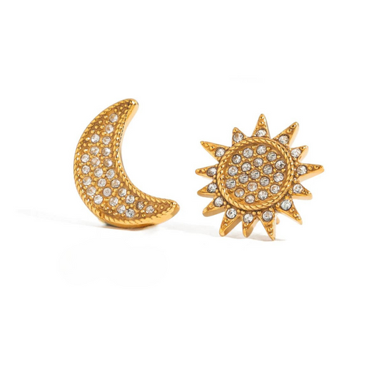 Sun and Moon Stud Earrings with Crystals