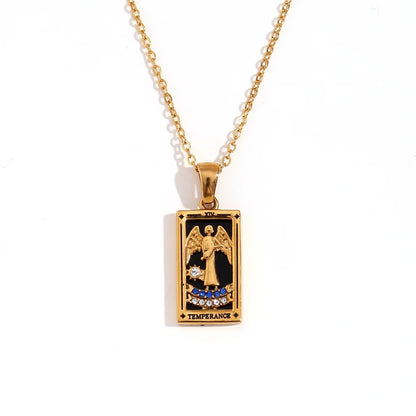 Temperance - Tarot card Dainty  18k Necklace with Black Enamel